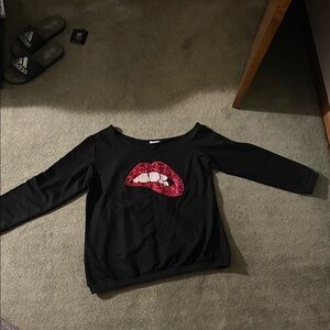 MAGICMK Black Long Sleeve Top with Red Sequin Lips Graphic